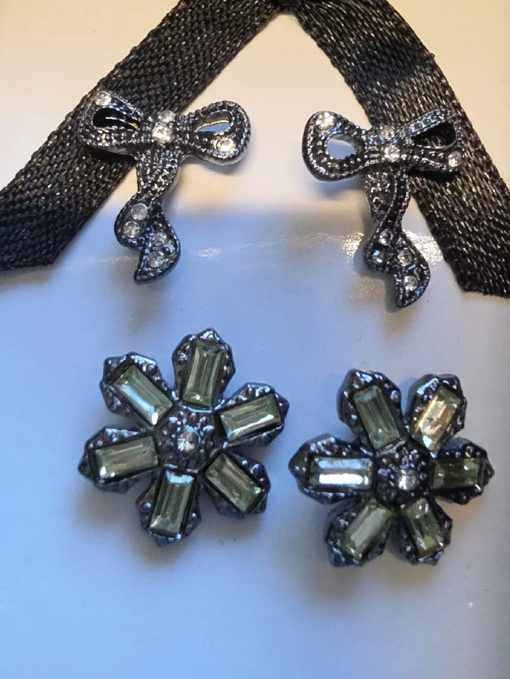 Avon Black Bow Drop and Clear Crystal Flower Earrings Set